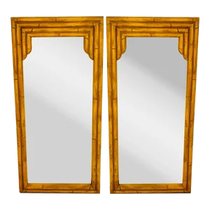 Pair of Pagoda Bamboo Mirrors in Wood and Resin, C. 1970's