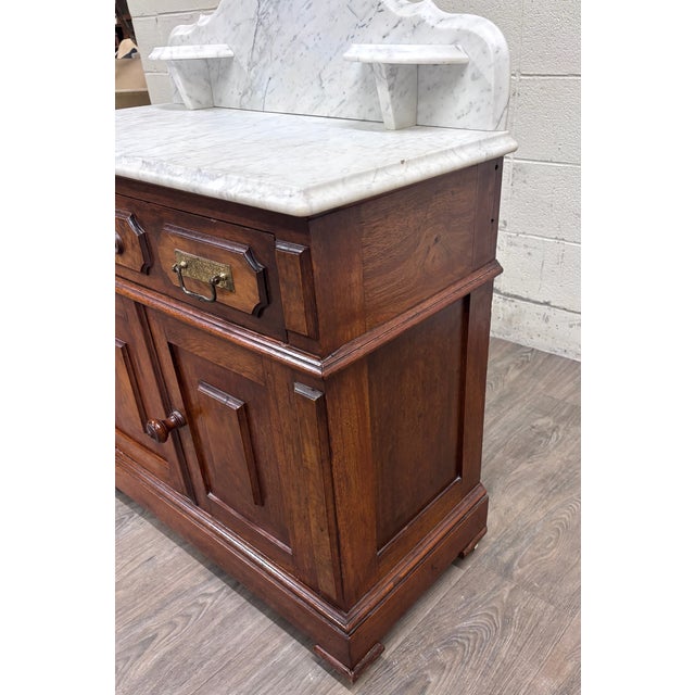 Antique Late 1800s Victorian Walnut Marble Top Washstand For Sale - Image 4 of 12