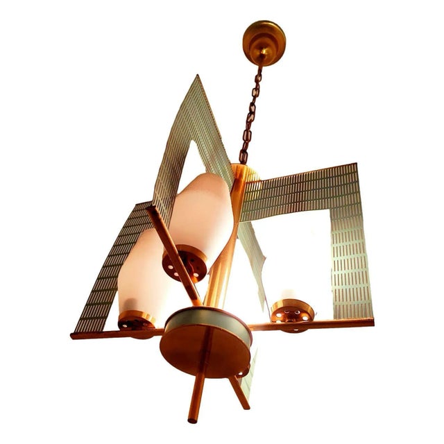 Mid-Century Modern Brass and Opal Glass Chandelier by Mathieu Matégot, 1960s For Sale - Image 3 of 8