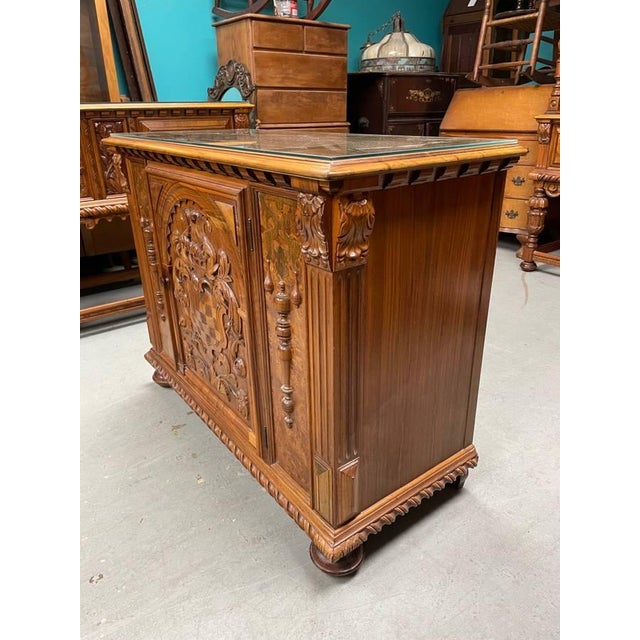 Antique Hand Carved Sideboard Cabinet, Berkey & Gay, Jacobean Revival, Walnut + Burl Wood, Glass Top, Attributed For Sale In New York - Image 6 of 8