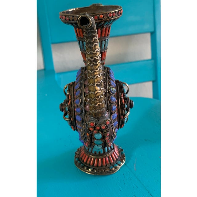 Gemstone Antique Tibetan Brass Teapot / Ewer With Coral, Turquoise & Lapis Lazuli Inlay For Sale - Image 7 of 9