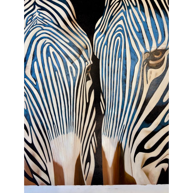 Contemporary Blue Zebra Double Portrait Painting – Original Oil on Unstretched Canvas, 40" X 40" For Sale - Image 4 of 4