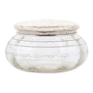 1920s Small English Glass Vanity Jar with Incised Silver Lid & Etched Design