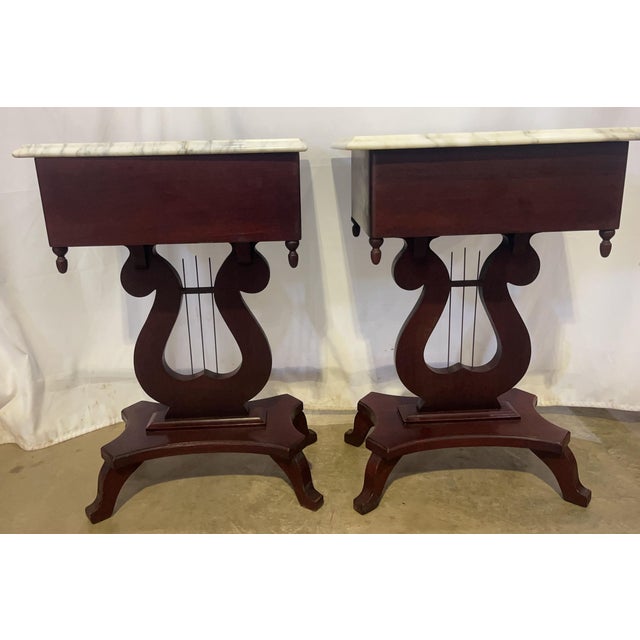 Wood Antique American Empire Style Mahogany Lyre Parlor Tables With Distinct Italian Marble Tops - A Pair For Sale - Image 7 of 10