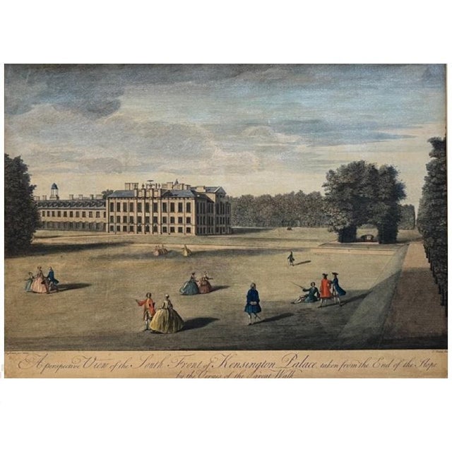This etching engraving shows the south facade of Kensington Palace from the end of the slope by the verges of the Great...