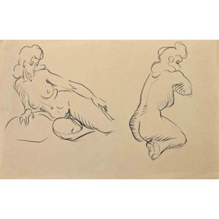 Jean Chapin, Posing Nude, Charcoal Drawing, 1950s For Sale
