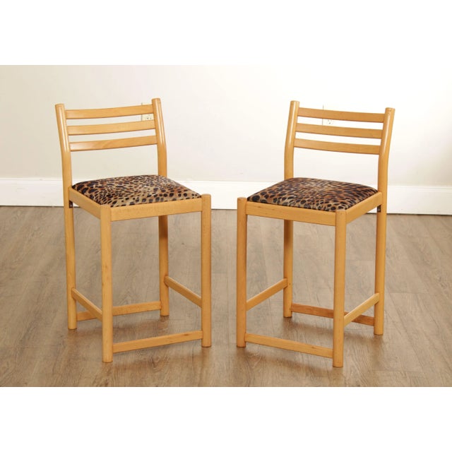 High Quality Vintage Pair of Modern Form Solid Wood Frame Bar Stools with Custom Upholstered Seats