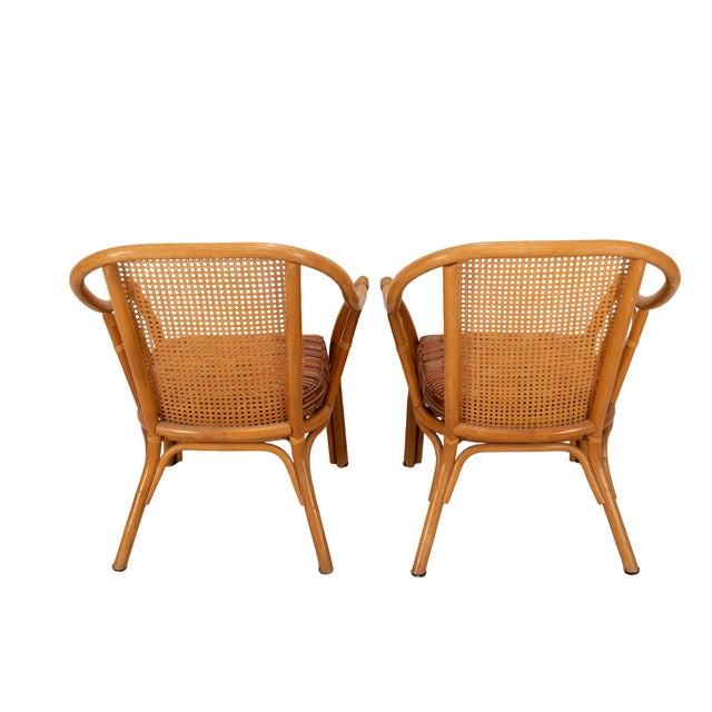 Wood Mid Century Cane and Bamboo Coastal Side Chairs W/ Cushions & Caned Backs - A Pair For Sale - Image 7 of 11