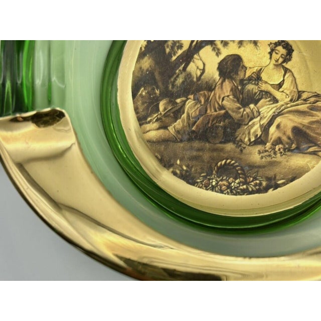 1950s Vintage Italian Romeo & Juliet Ashtray Trinket Dish Green Glass With Gold 1950 For Sale - Image 5 of 12