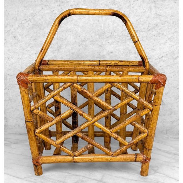 Vintage Coastal Rattan Chinoiserie Rattan Record Holder Magazine Rack For Sale - Image 4 of 10