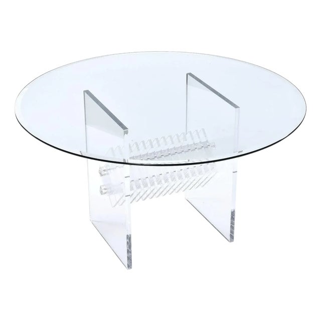 Clear Lucite Acrylic Pedestal Dining Table With Round Glass and Prism Center For Sale