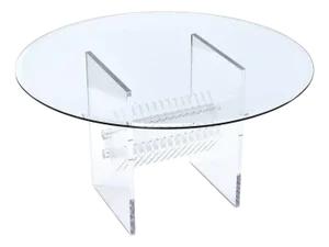 Clear Lucite Acrylic Pedestal Dining Table With Round Glass and Prism Center