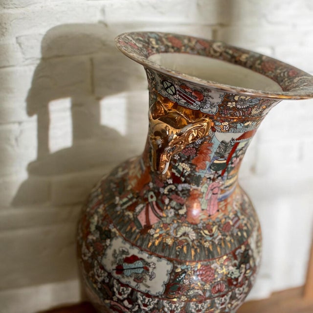 Chinese 1980s Canton Famille Rose Chinese Baluster Vase with Elephant Handles For Sale - Image 3 of 9