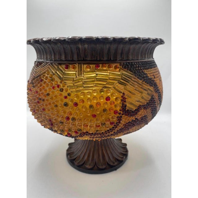 Late 20th Century Vintage Jeweled Mosaic Pedestal Bowl and 3 Candleholders Gold Amber For Sale - Image 5 of 13