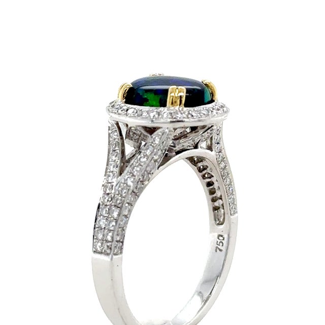 Metal 18ct White and Yellow Gold Black Opal and Diamond Ring 3.57ct 6.52g, Size 8.75 For Sale - Image 7 of 8