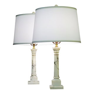 1950s Neo Classic Hollywood Regency Modern Carrera Marble Corinthian Style Column Table Lamps - a Pair For Sale
