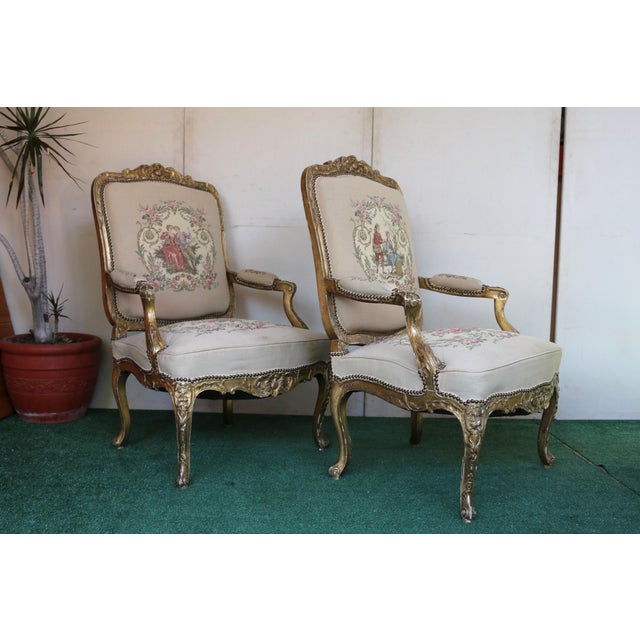 Antique Set of French Tapestry Gild Carved Gold Wood Arm Chairs Chairs & Sofa For Sale - Image 12 of 18