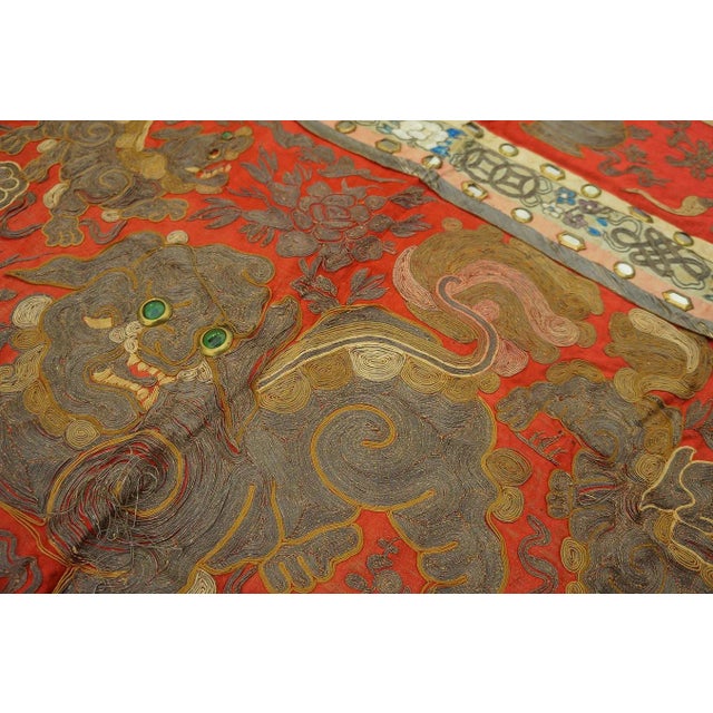 Red 1920s Red Foo Dog Antique Chinese Silk Textiles Embroidery 3' X 3' Rug For Sale - Image 8 of 14