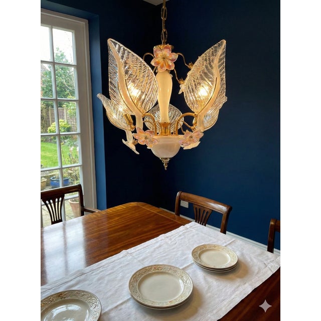 Late 20th Century Hollywood Regency Murano Style Glass Petal & Leaf Chandelier - Gold Finish For Sale - Image 11 of 11