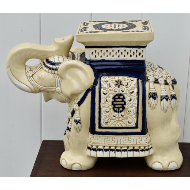 Ceramic Elephant Garden Stool Side Table Plant Stand Chinese Cream Blue For Sale - Image 11 of 15