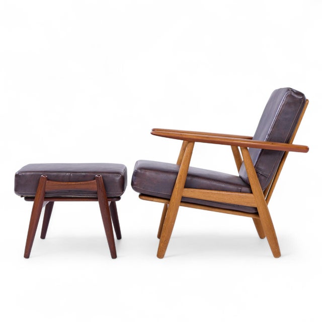 GETAMA Hans Wegner for Getama Ge-290 Mid Century Danish Teak High Back Lounge Chairs - Pair With Ottoman For Sale - Image 4 of 11