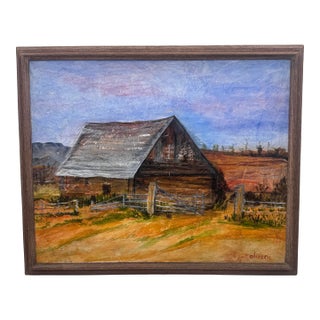Vintage Rustic Barn Landscape Painting Signed For Sale