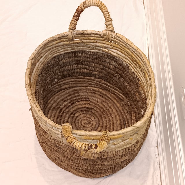 Large French Country Handwoven Rush Firewood Holder/Fireplace Basket For Sale - Image 9 of 10