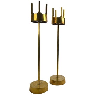Vintage Modernist Brass Candlesticks in the Style of Pierre Forsell for Skultuna - a Pair For Sale