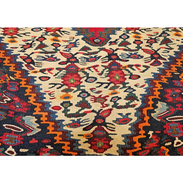 Vintage Persian Senneh Kilim Rug, Handwoven Wool & Cotton, Medallion Pattern, Navy & Ivory, 4x6 For Sale - Image 13 of 16