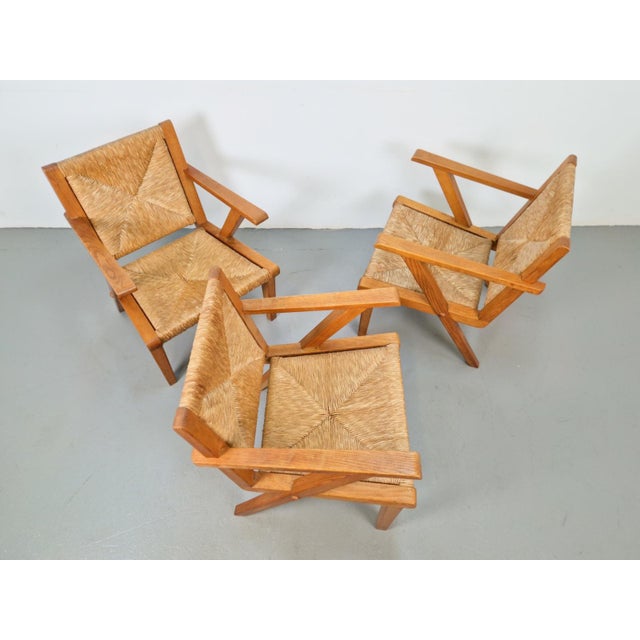 Modernist Brutalist Wooden Armchairs in Rush, 1940s, Set of 3 For Sale - Image 14 of 18