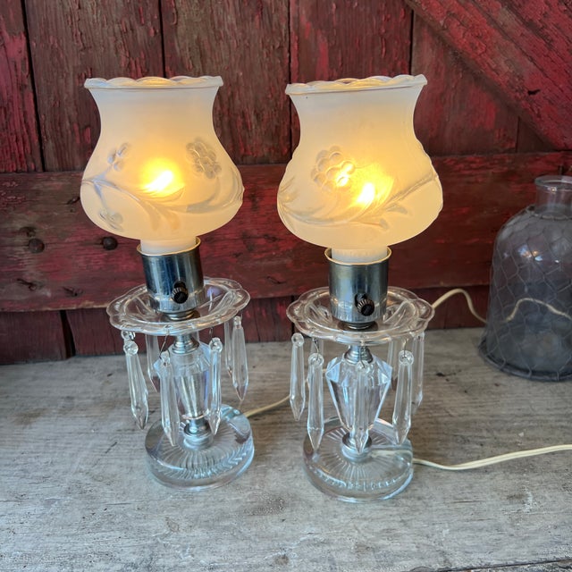 Pair of Vintage Crystal Boudoir Table Lamps With Frosted Floral Glass Shades For Sale - Image 11 of 18