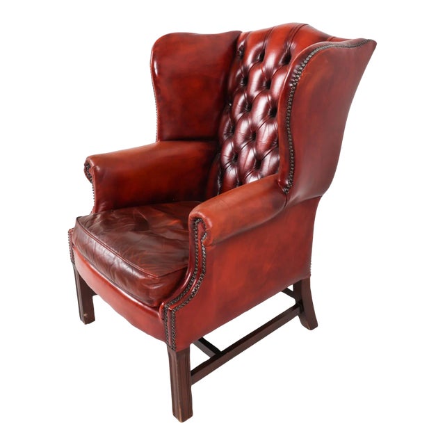 1970s Scandinavian Mid Century Chippendale-Style Cognac Leather Wingback Chair For Sale