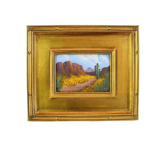 Rustic Southwestern Canyon & Saguaro Cactus Native American Landscape Oil Painting Including the Antiqued Gold Wood Frame For Sale - Image 3 of 7