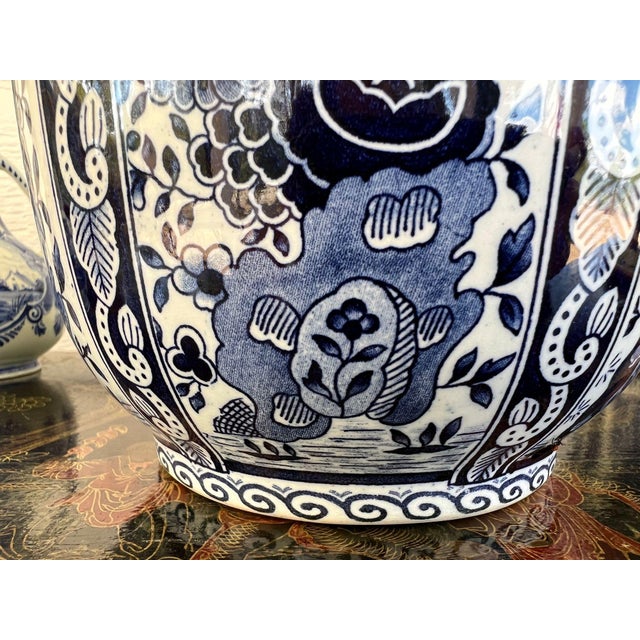Vintage Large Delft Trumpet Vase Blue and White Floral Boch Royal Sphinx Urn For Sale - Image 12 of 18
