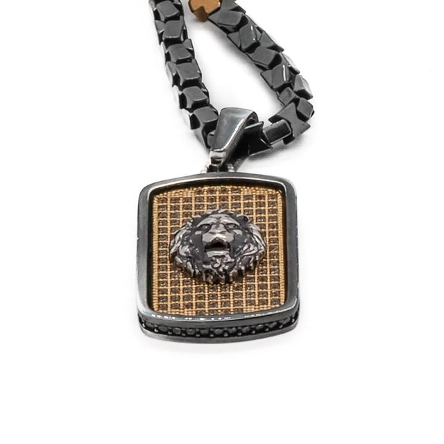 Silver Sterling Silver Lion Pendant Hematite Stone Beaded Men's Necklace For Sale - Image 8 of 9