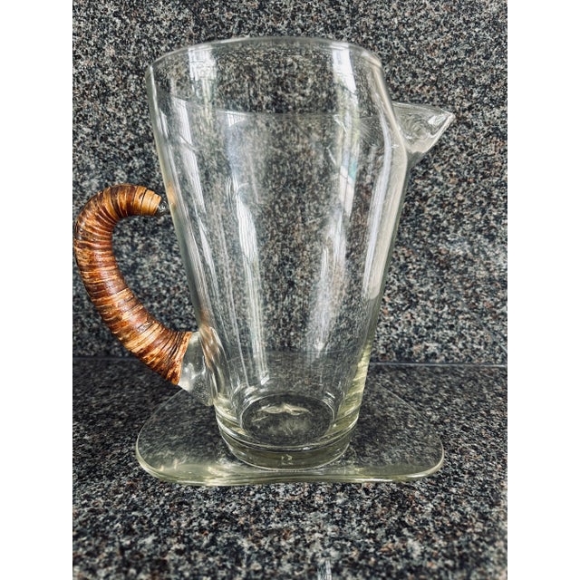 Vintage Carl Aubock Style Pitcher With Rattan Wrapped Handle and Attached Underplate For Sale In Los Angeles - Image 6 of 12
