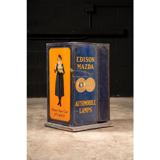 Antique countertop display for General Electric Edison-Mazda automobile lamps; incandescent light bulbs with ductile...