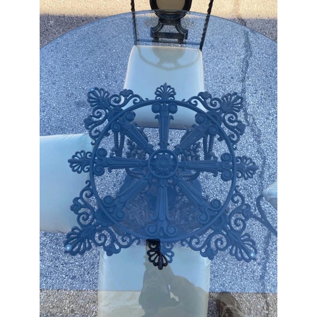 Vintage Hollywood Regency Curule Chair Wrought Iron Round Dining Set - 5 Pc Set For Sale - Image 4 of 12