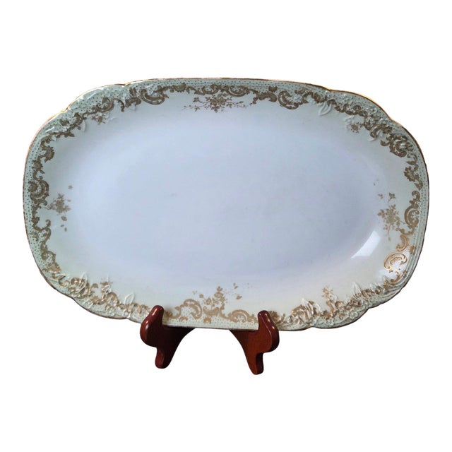 Antique Elite Works Limoges Large 13.5” Serving Platter - Celadon Dot & Gilded Scrolls For Sale