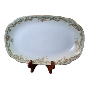 Antique Elite Works Limoges Large 13.5” Serving Platter - Celadon Dot & Gilded Scrolls