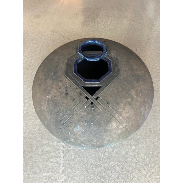 Ceramic Rare Karl Christiansen 1985 Signed Large Scale Raku Ceramic Geometric Pierced Art Vessel VaseVase Wilton Iowa For Sale - Image 7 of 12