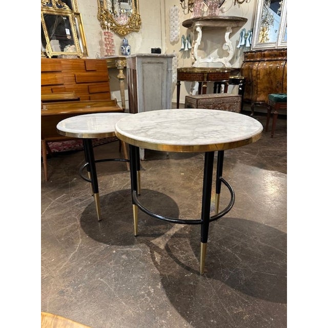 Mid Century Modern Black Steel and Brass Nesting Tables With Marble Tops For Sale - Image 4 of 5