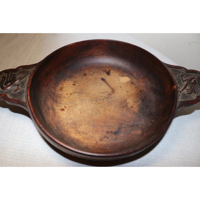 Antique Hand Carved Wood Folk Art Dough Bread Bowl Figural Griffin Handles For Sale - Image 10 of 11