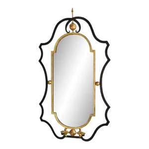 Vintage Queen Anne-Style Black Wrought Iron + Gilt Metal Wall Mirror, Palladio Made in Italy, Circa 1950s