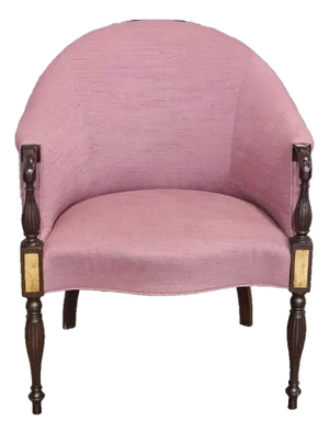 Mid 20th Century Share Sheraton Style Tub Arm Chair Mahogany Frame With Burl Maple Inlays