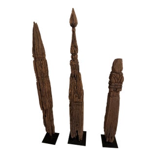 Antique Thai Teak Stupas Mounted on Metal Gallery Stands - Set of 3 For Sale