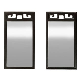 Chinoiserie Greek Key Black Mirrors - Pair For Sale