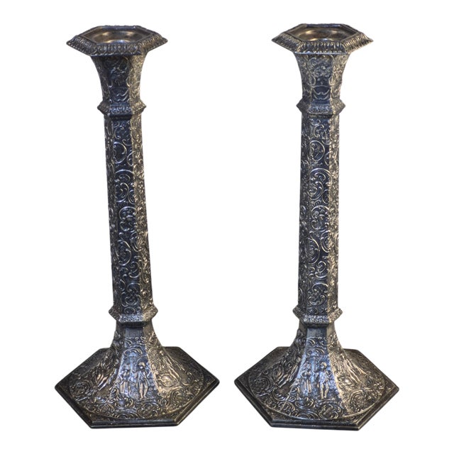 Antique Ornate Victorian Pair Repousse Tavern Dutch Scene Silverplate Derby Candlesticks Marked For Sale - Image 12 of 12