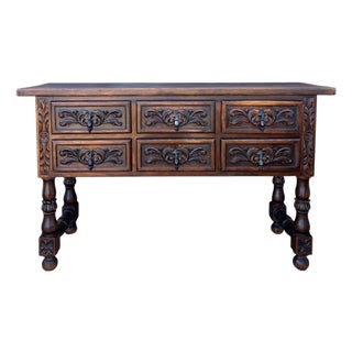 Spanish Renaissance Revival Oak Six-Drawer Console with Carved Panels, 1930s For Sale