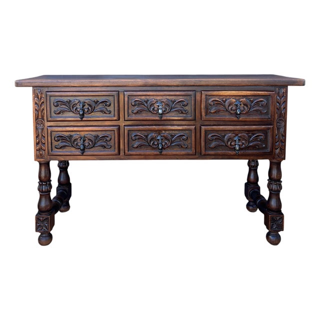 Spanish Renaissance Revival Oak Six-Drawer Console with Carved Panels, 1930s For Sale